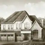 Exterior rendering of a premium 60-foot detached estate at Bayview Trail Aurora, featuring a three-car garage, stone exterior, and sophisticated architectural gables.