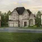 Architectural rendering of a luxury streetscape at Bayview Trail in Aurora, showcasing three large detached homes with stone and brick exteriors and multi-car garages.