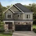 Architectural rendering of a 35-foot detached single-family home in Orléans Village, featuring a modern farmhouse exterior with sage green siding, brick accents, and a two-car garage.