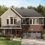 Exterior view of a 42-foot detached home at Orléans Village, showcasing a contemporary design with dark brick, grey siding, a gabled roof, and a spacious two-car driveway.