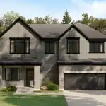 Modern luxury 50-foot detached home rendering in Orléans Village with a stone and vertical siding facade, multiple gables, and large black-trimmed windows.