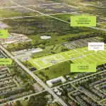 Aerial map rendering of the Orléans Village community site plan, highlighting proximity to Innes Road, local schools, parks, and commercial plazas in Orléans.