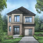 Architectural rendering of a new 30-foot detached single-family home at Winding Woods in Seaton, featuring a light brown brick exterior, large black windows, a single-car garage with a concrete driveway, and a landscaped yard bordered by mature trees.
