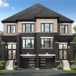 Rendering of a modern two-story semi-detached home at Winding Woods by Fieldgate Homes, highlighting a dark and light brick exterior, a steep hipped roof, individual built-in garages with modern glass-paneled doors, and elevated front entryways.