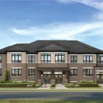 Architectural rendering of modern townhomes at Winding Woods in Seaton by Fieldgate Homes, featuring a two-tone brick facade, large black-trimmed windows, covered entryways, a manicured front lawn, and lush green trees under a blue sky.