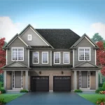Exterior rendering of a two-storey semi-detached home at Erin Glen with grey siding, brick accents, two-car garage, and professional landscaping including red maples.