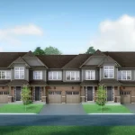 Architectural rendering of a row of modern townhomes at Erin Glen, featuring brown brick exteriors, grey siding, dark shingle roofs, and manicured green lawns under a blue sky.