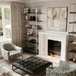 Contemporary living room interior at Erin Glen townhomes showcasing a white marble fireplace, built-in shelving, stylish accent chairs, and a large window overlooking a backyard patio.