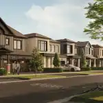 A scenic streetscape of Wild Indigo detached homes featuring modern architectural designs, manicured lawns, and residents enjoying a suburban neighborhood at sunset.