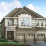 Exterior rendering of a 45-foot detached luxury home at Orchard South, featuring a three-car garage, stone and stucco facade, and a grand arched second-story window.