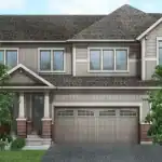 Modern farmhouse style townhouse at Orchard South with gray vertical siding, a two-car garage, brick accents, and a covered front porch entryway.