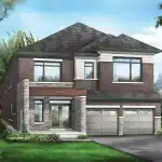 Modern 39-foot detached home design at Georgina View featuring dark brick masonry, large contemporary windows, a two-car garage, and a covered front entryway.