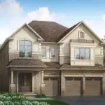 Exterior rendering of a 49-foot detached single-family home at Georgina View, showcasing a luxury stone and brick exterior, three-car garage, and traditional gabled rooflines.