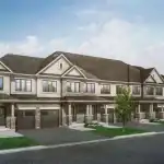 Architectural rendering of modern townhomes at Georgina View in Keswick, featuring multi-level designs with stone and stucco facades, private garages, and professional landscaping under a clear sky.