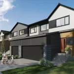 Exterior rendering of East Hills Crossing Front Drive Townhomes showing modern architectural design with mixed siding, integrated garages, and family-friendly streetscape.