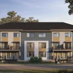 Architectural rendering of East Hills Crossing Metro Towns multi-story residential building with private balconies, modern grey and wood-tone cladding, and professional landscaping.