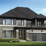 Luxurious 50-foot detached home at The Gateway of Lindsay with a contemporary stone and brick facade, a second-story balcony, and a spacious two-car garage.