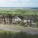 Elevated streetscape view of The Gateway of Lindsay housing development showing a variety of detached single-family homes overlooking a lush green valley and golf course.