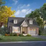 Architectural rendering of a 40' detached bungalow at Westwind Shores, featuring a brick exterior, grey shingle roof with dormer windows, and a single-car garage surrounded by lush landscaping.