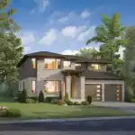 Luxury 50' detached two-story home at Westwind Shores featuring a contemporary stone and dark wood-style siding exterior, large windows, and a spacious two-car garage.
