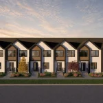 Exterior architectural rendering of the Mila townhome collection at Marquis Meadows, showcasing modern farmhouse-style row houses with white vertical siding, dark gabled roofs, and warm wood accents at sunset.
