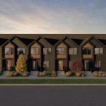 Exterior rendering of the Quinn townhome collection at Marquis Meadows, featuring a striking contemporary design with dark charcoal vertical siding, black gabled roofs, and natural wood accent panels.