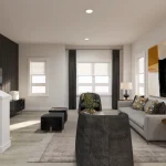 Spacious living room in the Auburn model at Poppy at Rangeview featuring a grey sofa, black accent chairs, a dark wood slat feature wall, and large windows with black drapery.
