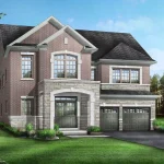 An architectural rendering of a Greenpark Group 45' detached home in the Triple Crown Estates community, featuring a classic brick and stone facade, a double-car garage, and elegant arched window details.