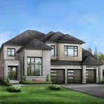 Exterior rendering of a spacious 60' detached luxury home by Greenpark Group at Triple Crown Estates, showcasing a modern stone and stucco elevation with a three-car garage and large contemporary windows.