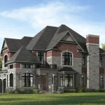 A premium 45' detached home rendering by Remington Homes in Triple Crown Estates, highlighting a sophisticated French Chateau-inspired design with a stone and brick exterior, Juliet balcony, and prominent chimney.