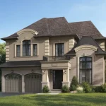 A stately detached residence by Remington Homes at Triple Crown Estates, featuring a smooth stucco exterior, arched garage doors, a covered entryway, and ornate architectural moldings.
