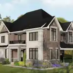 Exterior rendering of a 40-foot detached luxury home in Summer Valley, Caledon, featuring a brown brick facade, stone accents, black gabled roofs, and a second-story balcony.