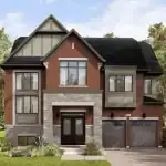 Architectural rendering of a 50-foot detached home in Summer Valley, Caledon, showcasing a modern traditional design with red brick, grey stone portico, and a two-car garage.