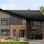 Modern 50-foot detached home rendering at Summer Valley in Caledon, featuring a unique sloped shed roofline, contemporary wood siding, large windows, and dark trim.
