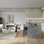 Modern open-concept kitchen and living area in an Appellation home, featuring light wood cabinetry, a granite waterfall island, black stainless steel appliances, and a minimalist fireplace.