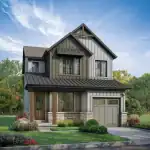 Exterior rendering of a 32-foot detached single-family home at Brooklin Trails, showcasing a farmhouse-inspired design with vertical siding, a dark metal roof, and stone skirt.