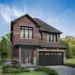 Modern 36-foot detached home at Brooklin Trails with a red brick facade, grey stone accents, a covered front entry, and a two-car garage under a gabled roof.