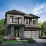 Premium 40-foot detached home rendering at Brooklin Trails, featuring a contemporary grey brick and stone exterior, large windows, wood accents, and a spacious two-car garage.