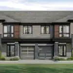 Architectural rendering of modern townhomes at Brooklin Trails, featuring multi-toned grey brick, dark stone accents, wood-panel detailing, and integrated single-car garages.