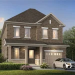 Architectural rendering of a 32-foot detached house design at Trafalgar Highlands, showcasing a brown brick facade with stone accents, a covered front porch entryway, a single-car garage, and a white sedan parked outside.