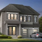 Architectural rendering of a modern 38-foot detached home at Trafalgar Highlands, featuring a gray brick exterior, a two-car garage with a silver sedan in the driveway, and large black-trimmed windows under a dark shingle roof.