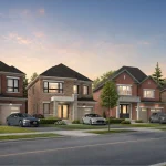 A scenic neighborhood streetscape rendering of the Trafalgar Highlands community development at dusk, displaying a row of diverse detached brick homes with paved driveways, parked cars, manicured lawns, and a clear sky.