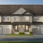 A street-level architectural rendering of a multi-unit townhouse development block at Trafalgar Highlands, featuring light gray brick and stone exteriors, integrated garages, landscaped front yards, and a parent walking with a child.