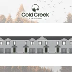 Architectural 2D elevation of a five-unit modern townhouse row at Cold Creek, featuring grey horizontal siding, gabled rooflines, and integrated single-car garages.