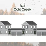 Front elevation rendering of Cold Creek townhomes showing a unique staggered design with two-story units connected by single-story garage sections in grey siding and white brick.