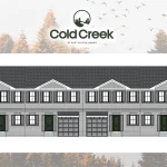 Detailed architectural drawing of Cold Creek townhouses featuring a classic brick exterior, dark shutters, gabled dormers, and dark green front doors.