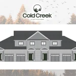 Elevation view of a wide-profile multi-unit residential building at Cold Creek by Port Picton Homes, showcasing a mix of brick and vertical siding with varied roof heights.