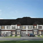 Rendering of 2-storey townhouses at Crown of Caledon, highlighting light gray and charcoal brick facades, dark rooflines, and front-facing single-car garages.