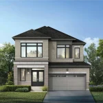 Rendering of a 38-foot detached single-family home at Crown of Caledon, displaying a two-story light gray brick exterior, dark trim, and a double-car garage.