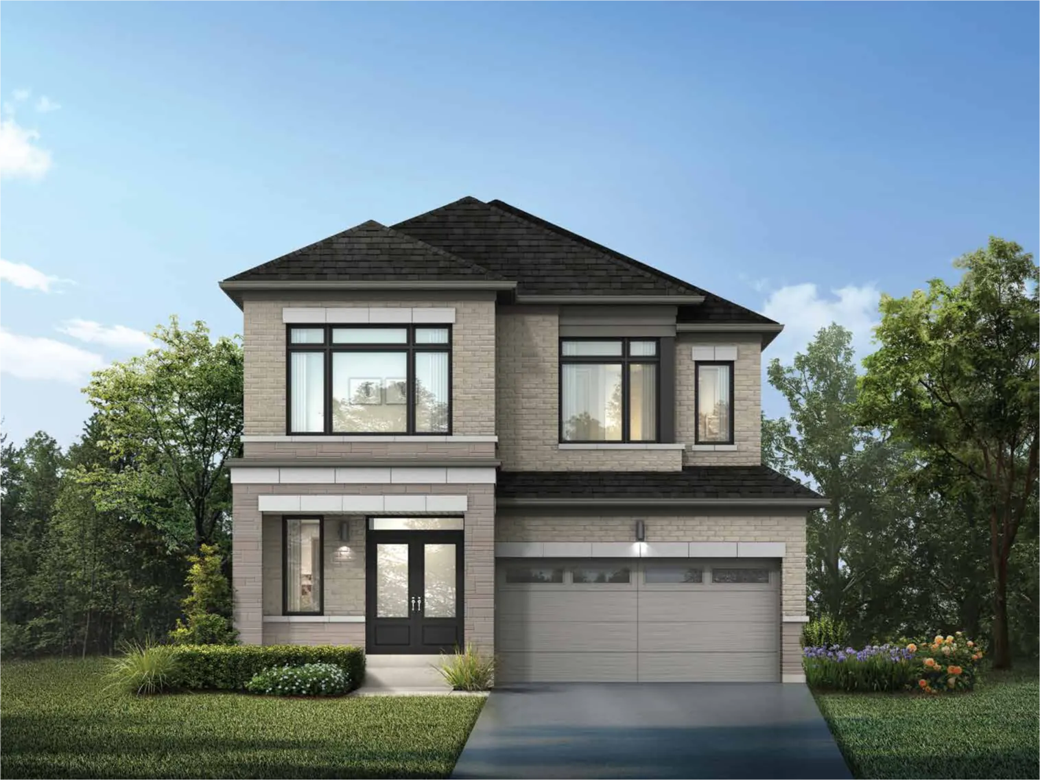 Rendering of a 38-foot detached single-family home at Crown of Caledon, displaying a two-story light gray brick exterior, dark trim, and a double-car garage.